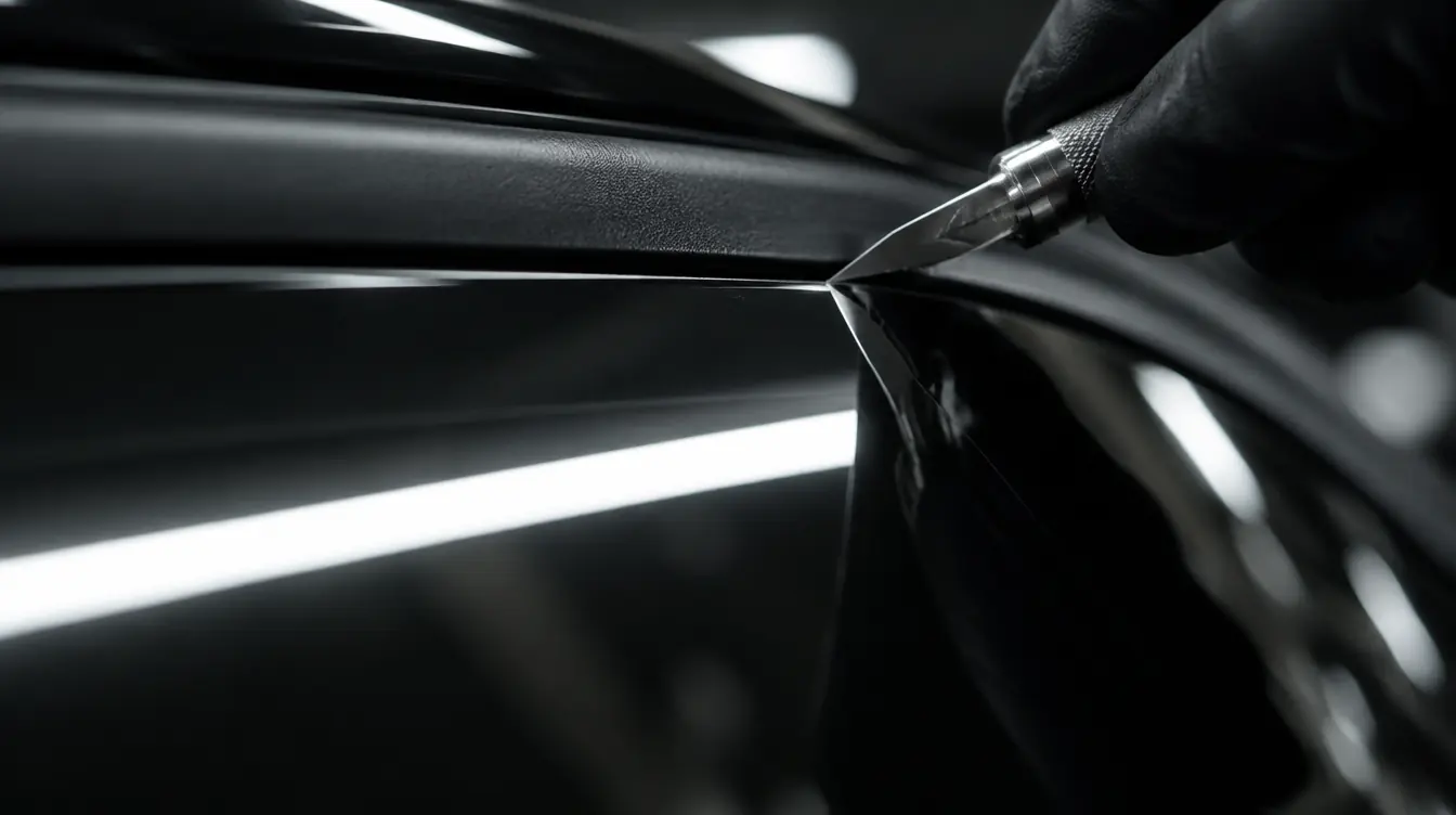 Close-up of a blade trimming window film along the top edge of a car window