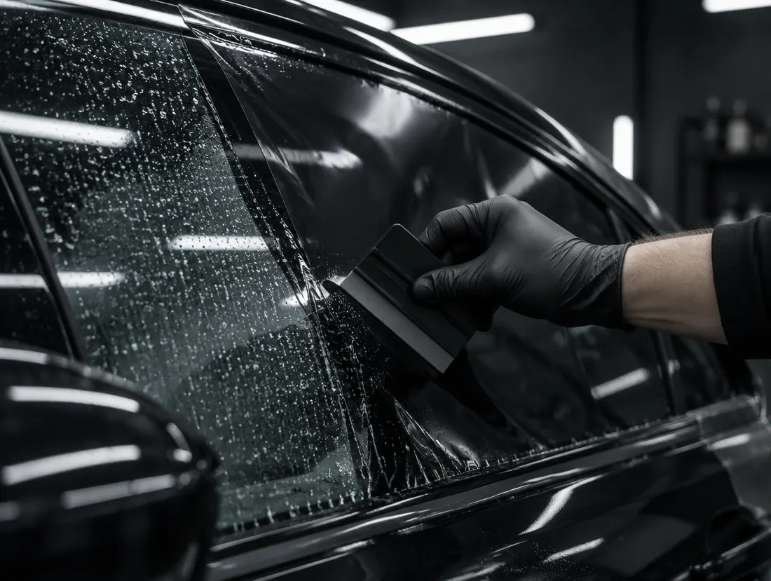 Installer pressing window film onto a car side window with a squeegee