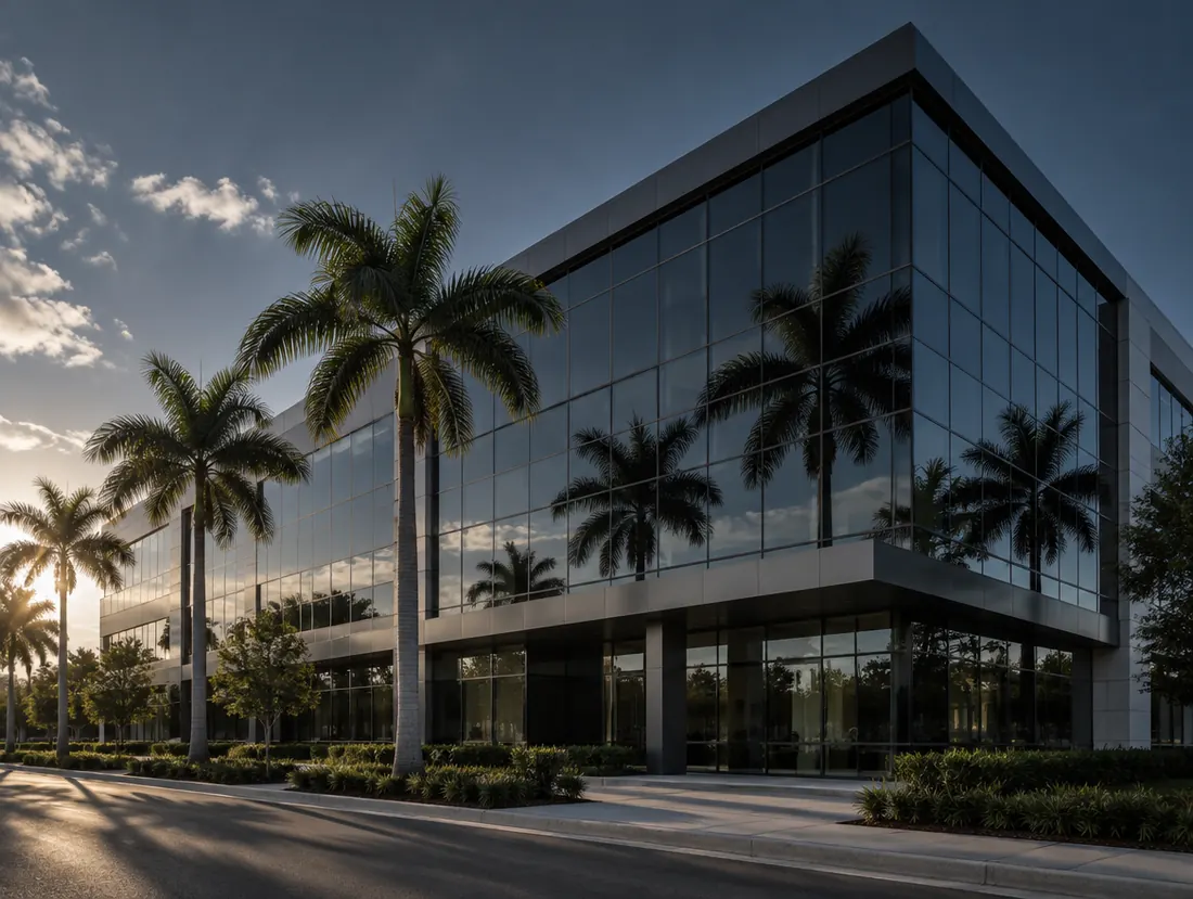 Modern office building with a dark glass facade reflecting palm trees