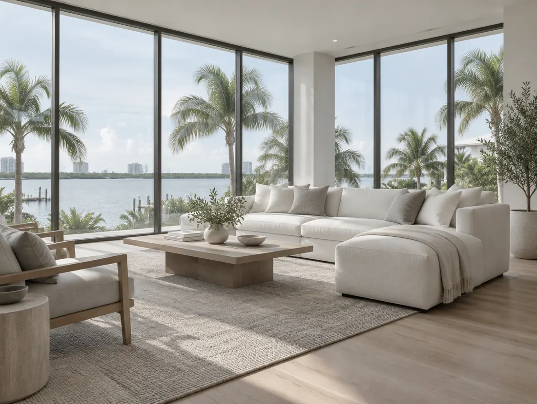 Bright living room with floor-to-ceiling windows overlooking palms and water